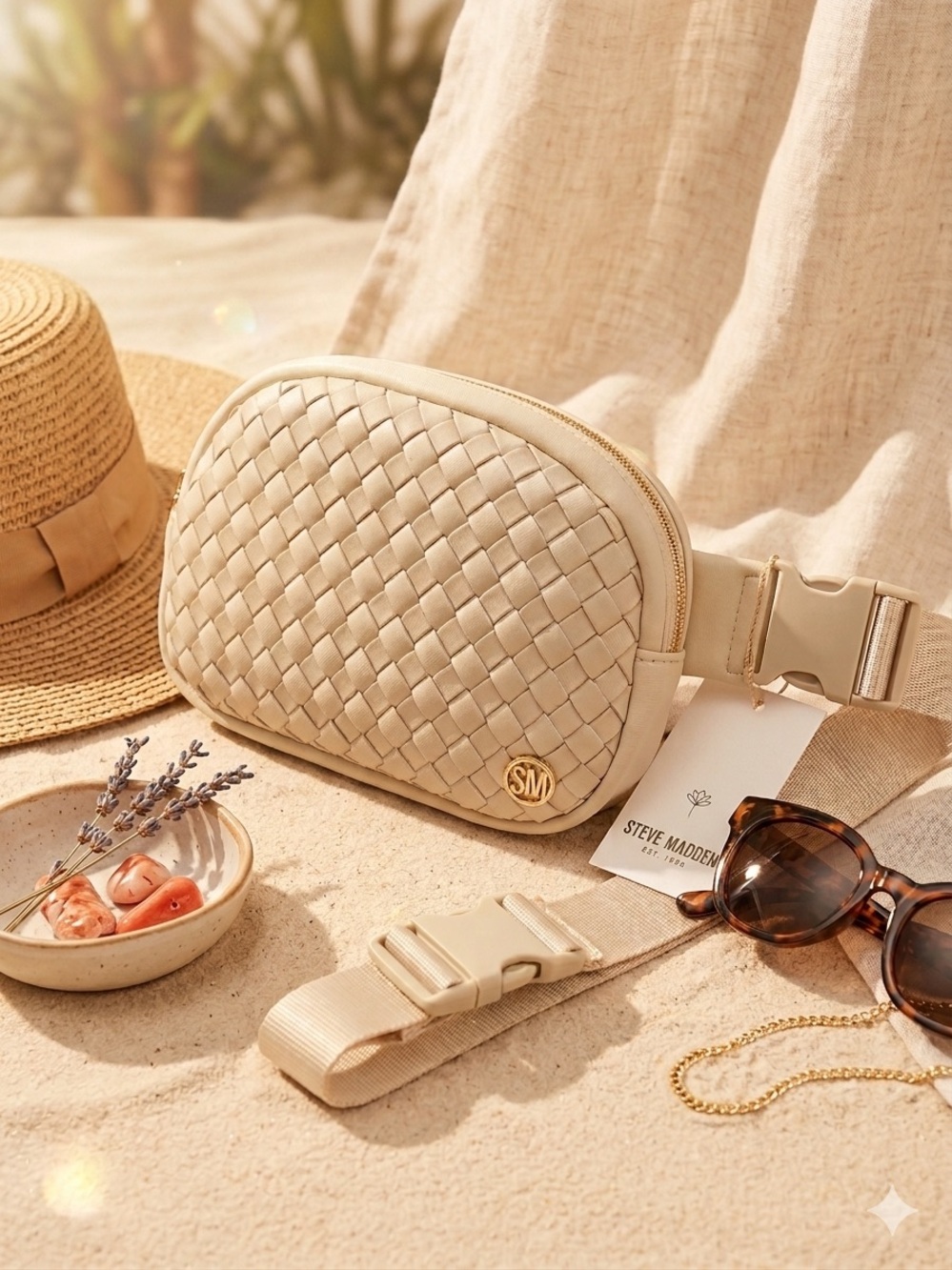 Steve Madden Cream Woven Crossbody Belt Bag